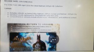 Photo du leak pour la Batman Arkham HD collection sur PS4 et XBox One