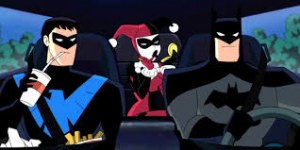 Nightwing, Harley Quinn et Batman dans la Batmobile