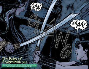 Catwoman et Talia Al Ghul dans un combat au sabre