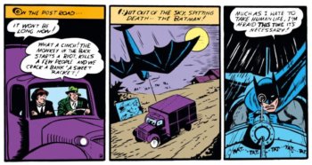 Batman tue avec une mitraillette sur son Bat-plane