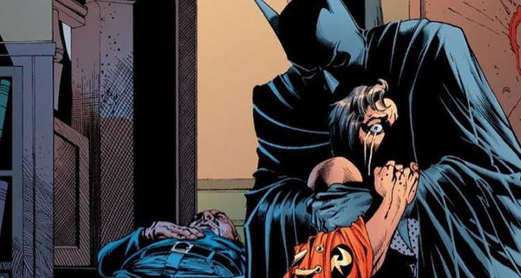 Tim Drake dans les bras de Batman après la mort de son père dans Crise d'identité