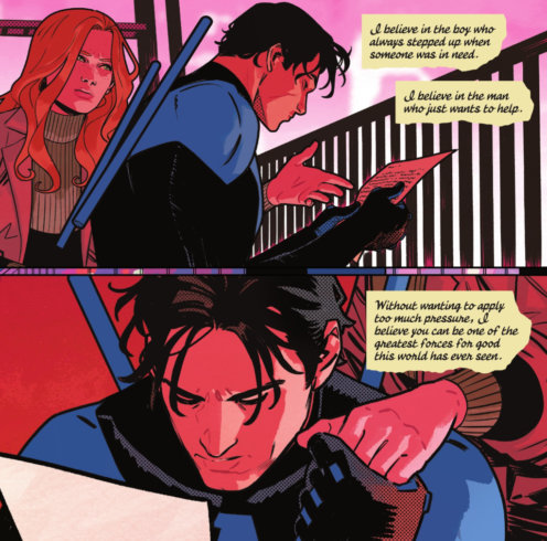 Nightwing lisant une lettre d'Alfred, accompagné de Barbara Gordon