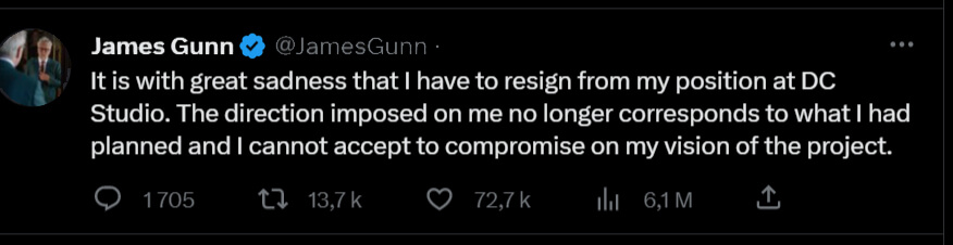 Tweet de James Gunn pour son départ de DC Studio/Warner Bros.
